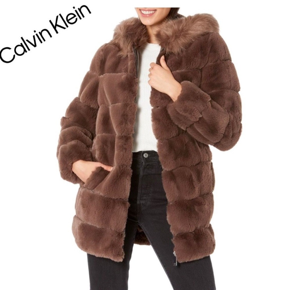 NWT Calvin Klein Hooded Faux Fur Super‎ Soft Jacket Full Zip Size MEDIUM